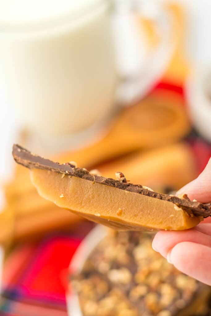 Close up of Classic English Toffee in hand showing layers