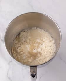 Pretzel dough in a mixing bowl before rising.