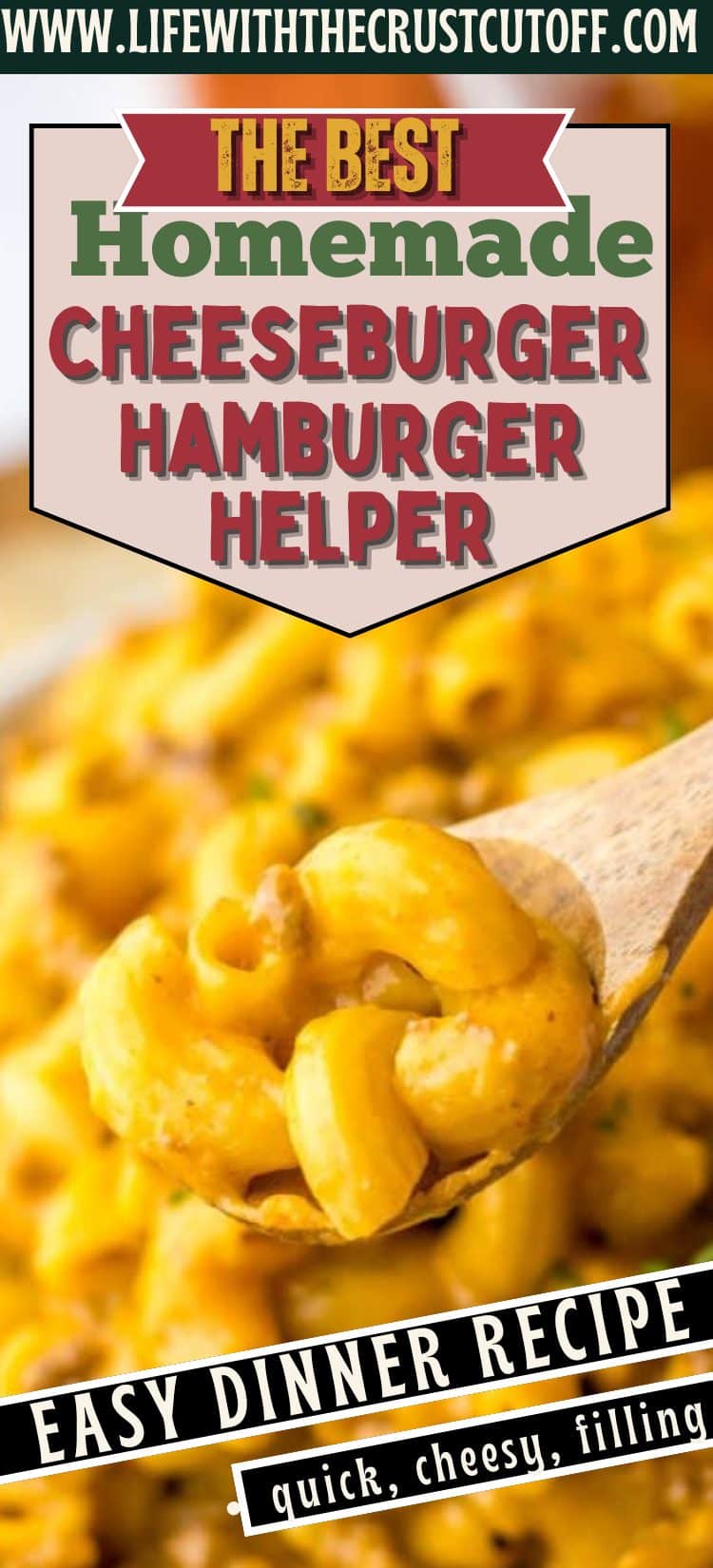 Skillet of cheesy hamburger helper with ground beef and pasta topped with melted cheese.