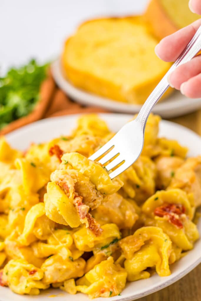 Fork lifting bite of Marry Me Chicken Tortellini from bowl showing creamy texture.