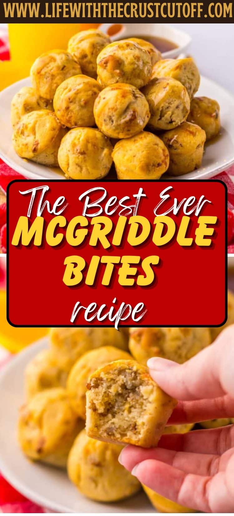 Mini McGriddle bites with sausage pieces inside, served on a platter with maple syrup.