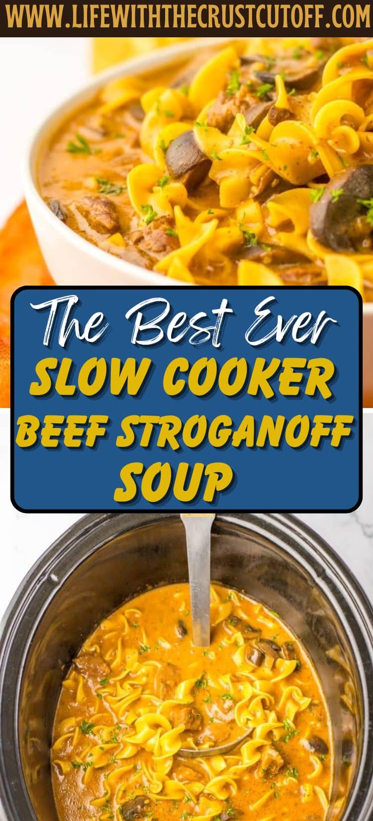 Bowl of creamy slow cooker beef stroganoff soup with noodles and parsley on top.