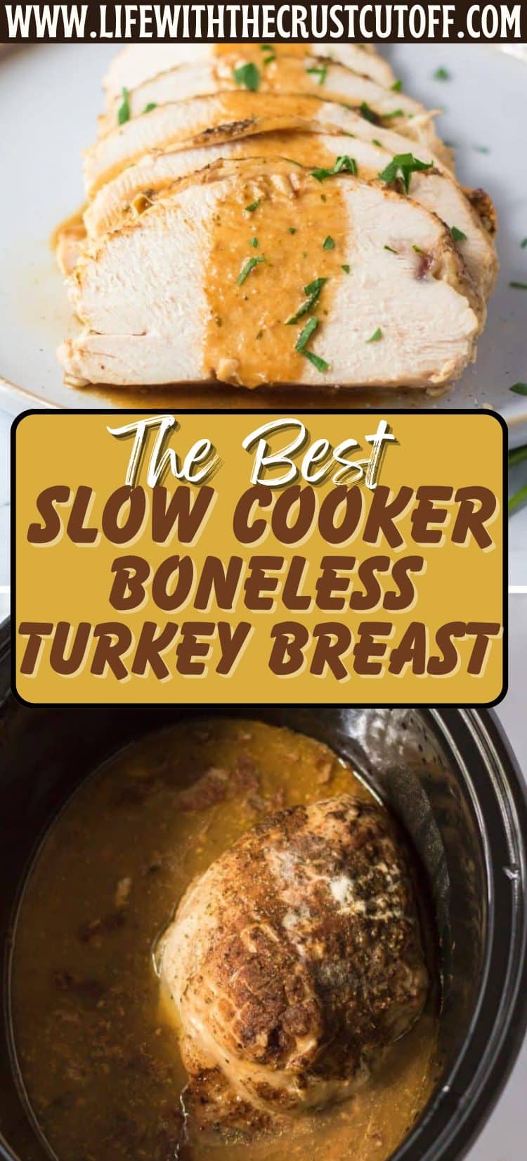Sliced boneless turkey breast with herbs in a slow cooker.