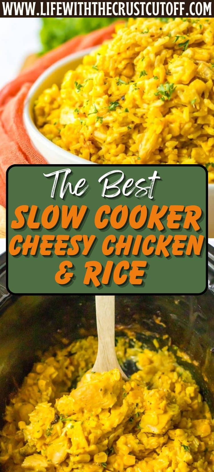 Bowl of cheesy chicken and rice with shredded chicken, melted cheese, and herbs on top