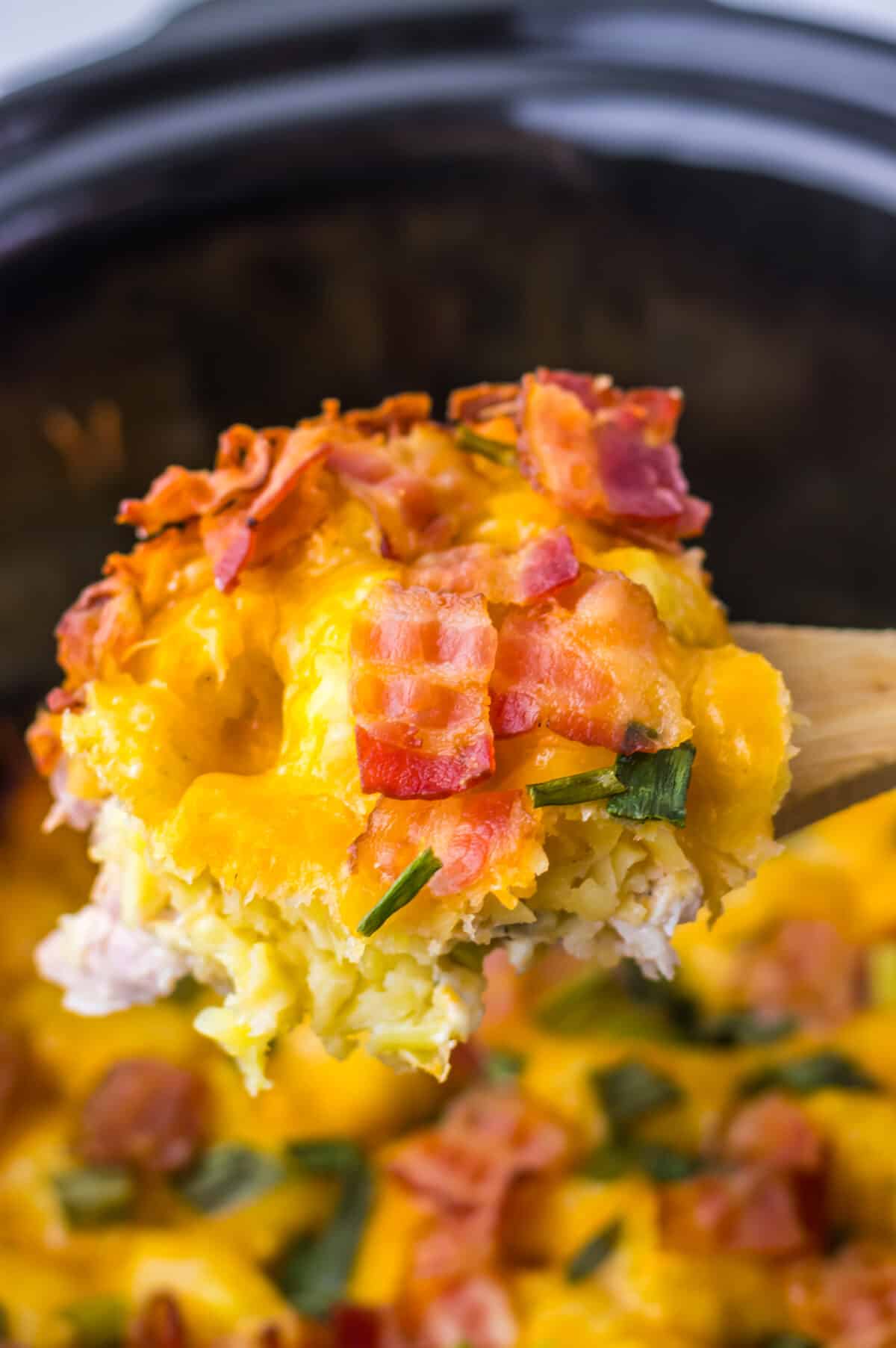 Scoop of creamy chicken bacon ranch casserole showing melted cheese and golden tater tots.