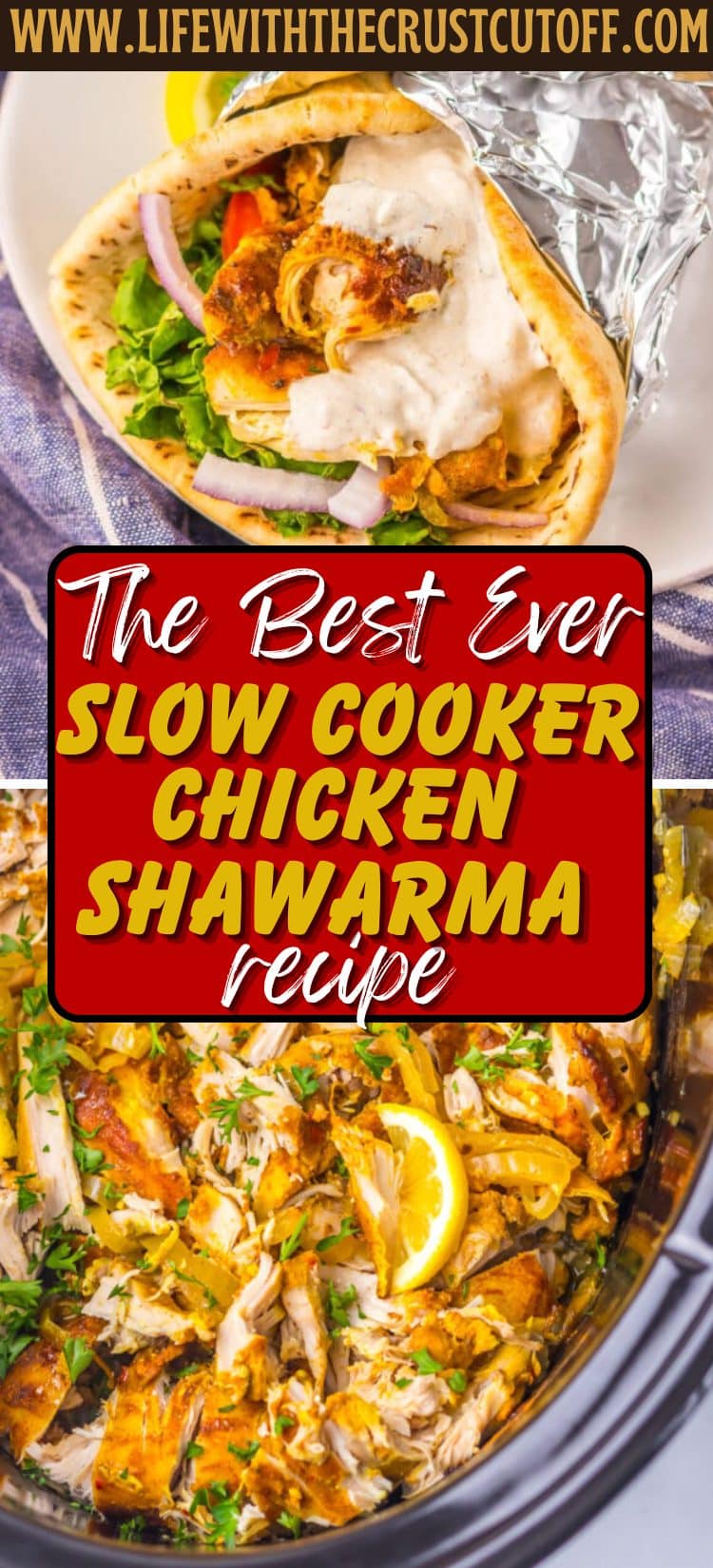 Slow cooked shredded chicken shawarma served in pita with lettuce and sauce.