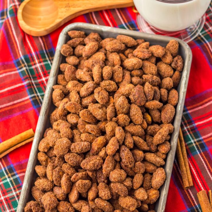 Overhead shot of cinnamon almonds on plaid napkin cooling.