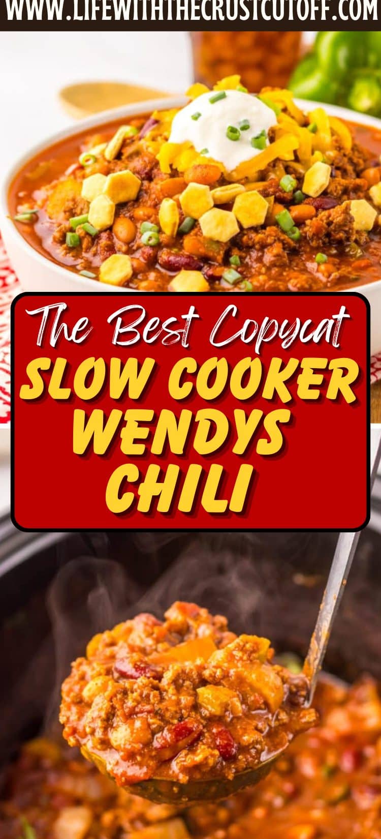 Bowl of copycat Wendy’s chili topped with shredded cheese and sour cream.