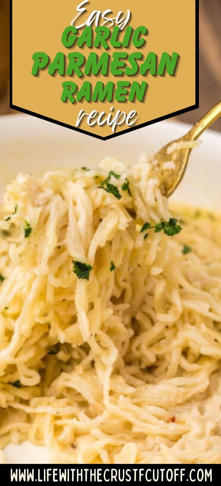 Bowl of creamy garlic parmesan ramen topped with parsley and shredded cheese.