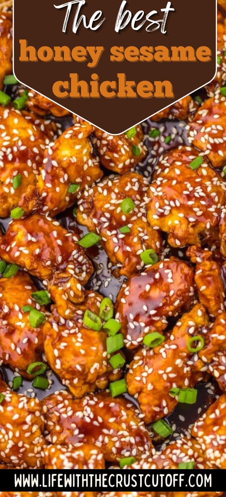 Crispy honey sesame chicken topped with sesame seeds and green onions served over rice.
