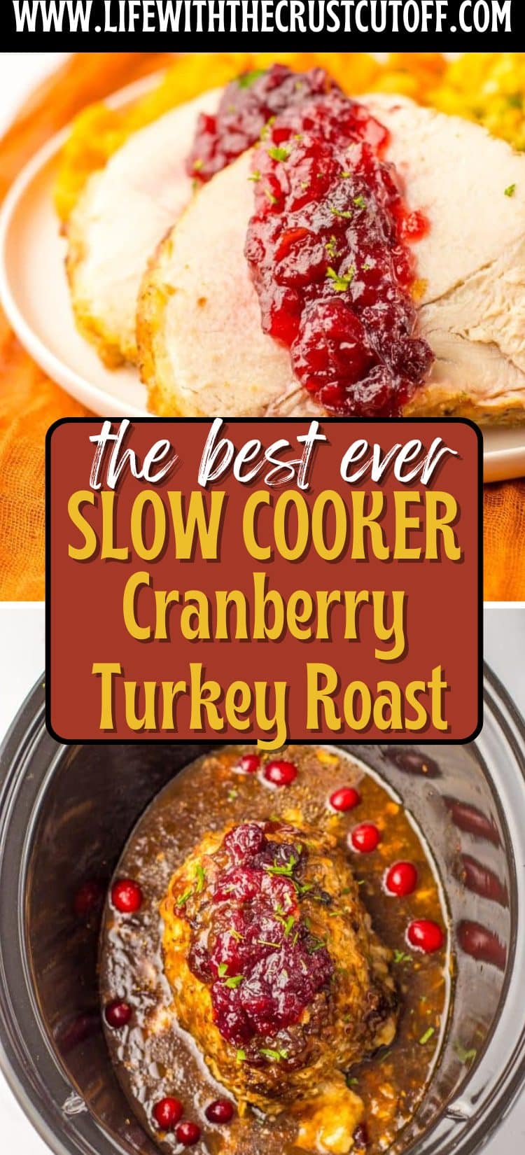 Sliced cranberry-glazed turkey roast in slow cooker with fresh cranberries and herbs.