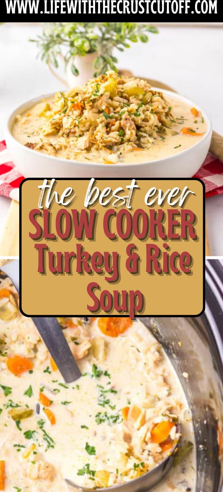 Bowl of slow cooker turkey and rice soup with carrots, celery, and fresh herbs.