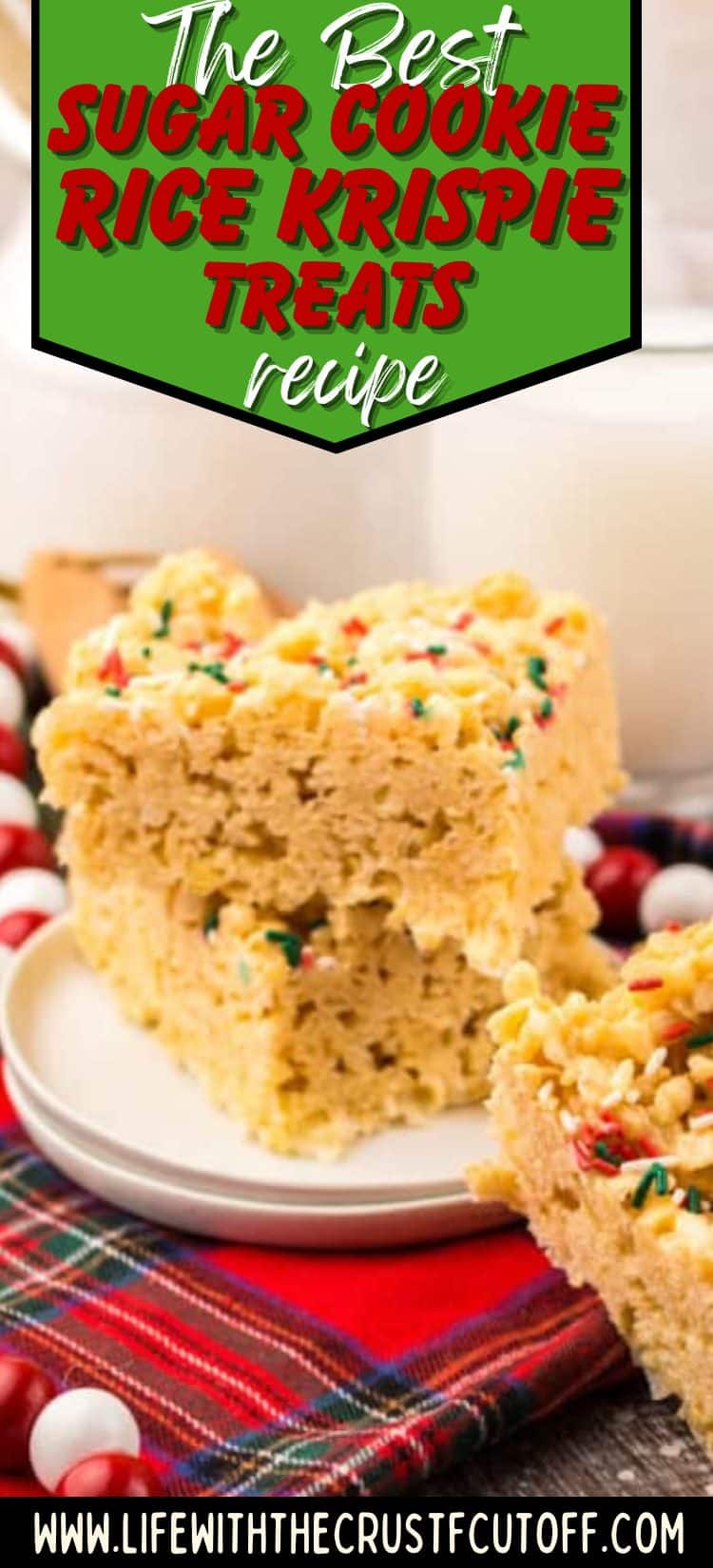 Sugar cookie rice krispie treats topped with white chocolate drizzle and festive sprinkles.