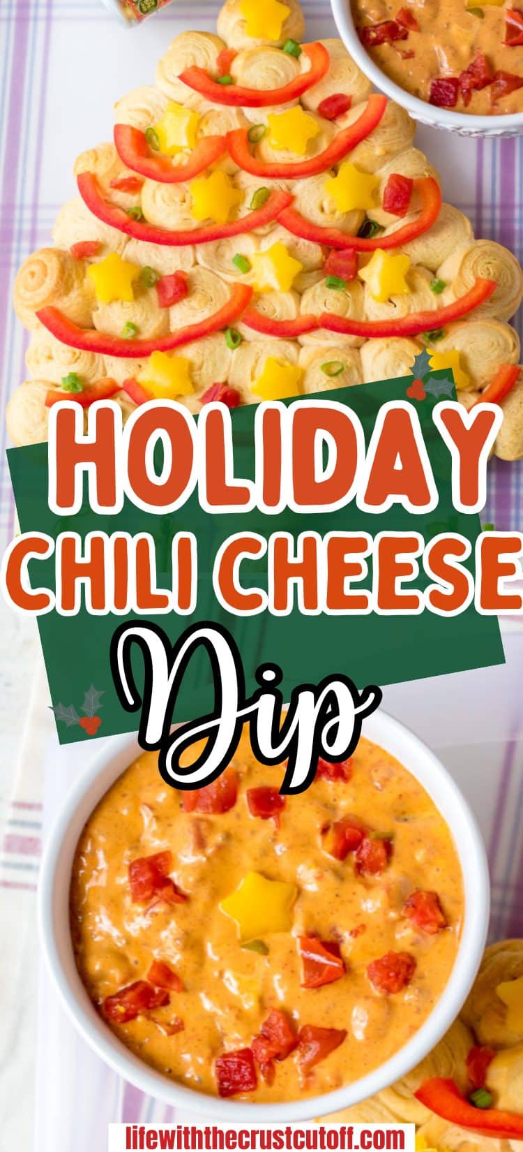 Bowl of cheesy chili dip topped with shredded cheddar and chopped green onions, surrounded by tortilla chips and holiday decor