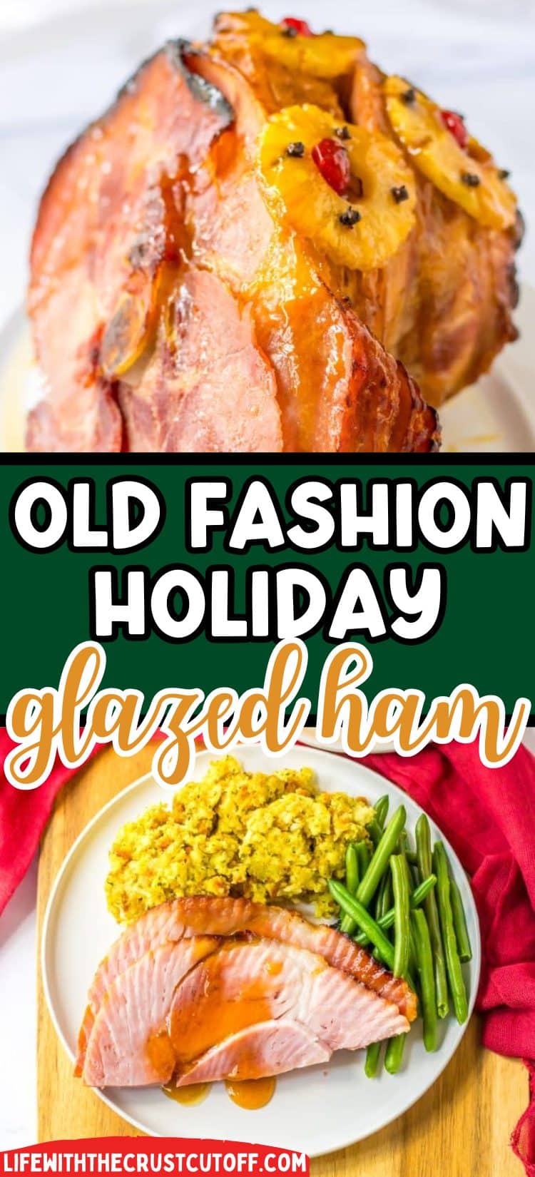 Sliced glazed ham on a Christmas plate with stuffing and green beans