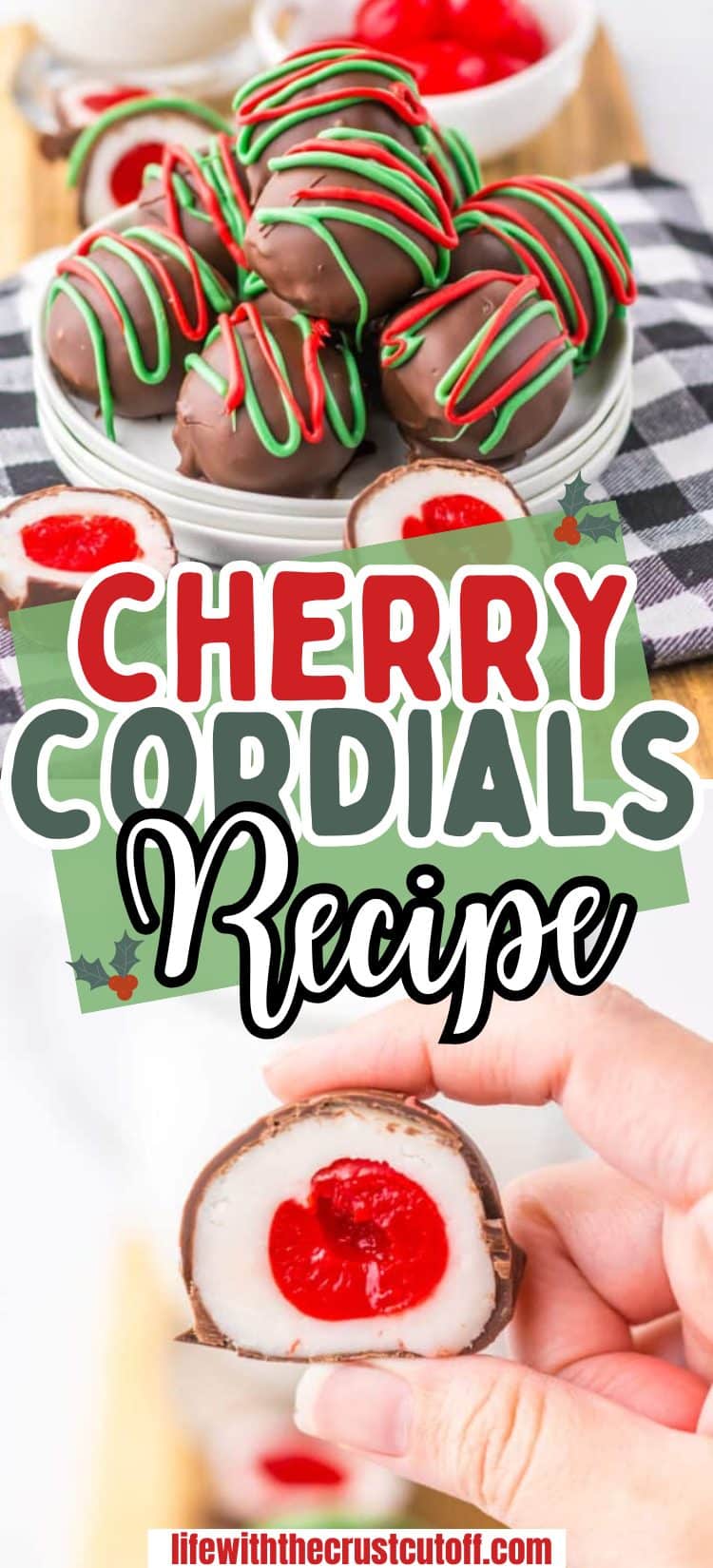 Chocolate dipped cherry cordials with red and green holiday drizzle