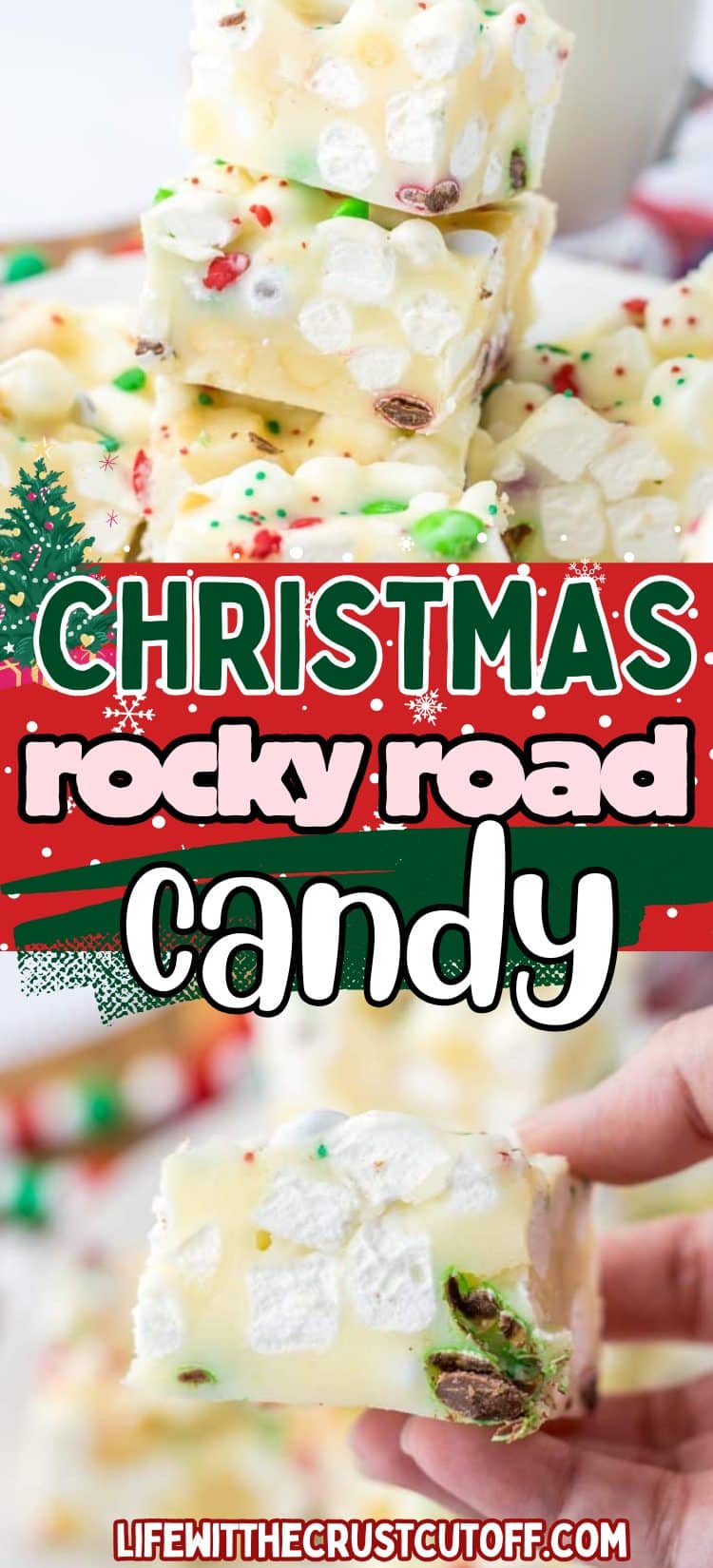 Festive rocky road candy squares with marshmallows, holiday candies, and peppermint pieces