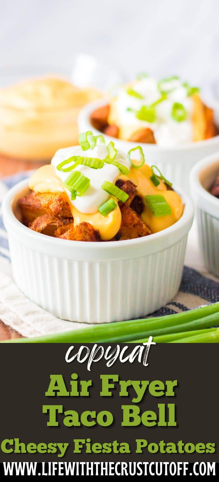 Air Fryer Taco Bell Cheesy Fiesta Potatoes with crispy seasoned potatoes topped with nacho cheese and sour cream