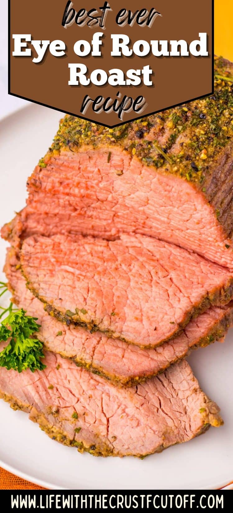 Eye of round roast sliced and served with juices on a platter