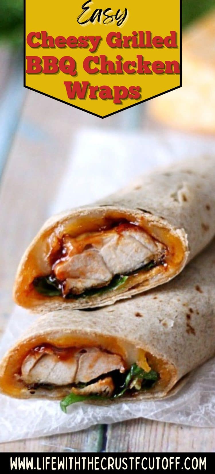 Cheesy grilled BBQ chicken wraps filled with tender chicken, barbecue sauce, and melted cheese in flour tortillas