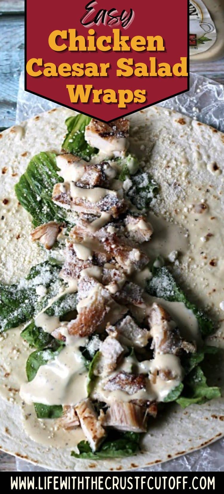 Chicken Caesar salad wrap filled with grilled chicken, romaine lettuce, parmesan cheese, and creamy Caesar dressing