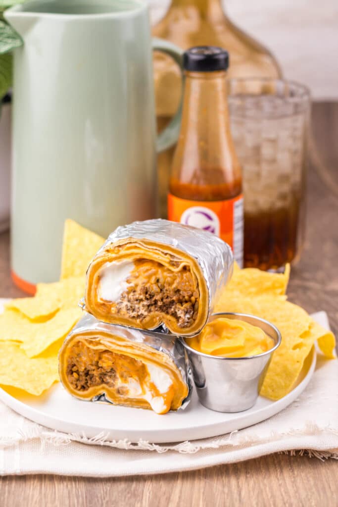 Finished copycat Taco Bell quesaritos sliced in half