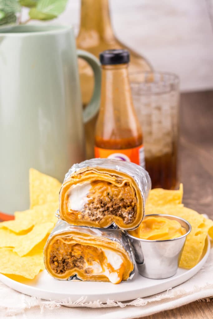 Close-up of a cheesy copycat Taco Bell quesarito