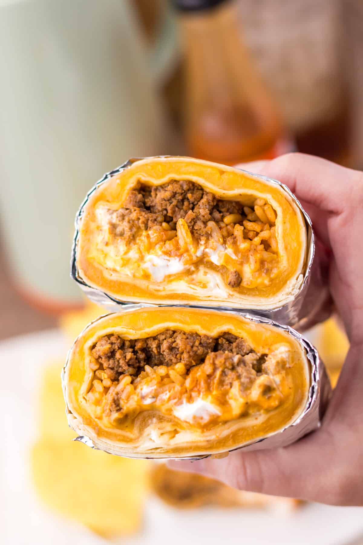 Finished copycat Taco Bell quesaritos sliced in half