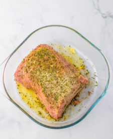 Best Ever Eye of Round Roast seasoned and in pan before cooking