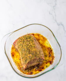 Eye of Round Roast baked in a pan