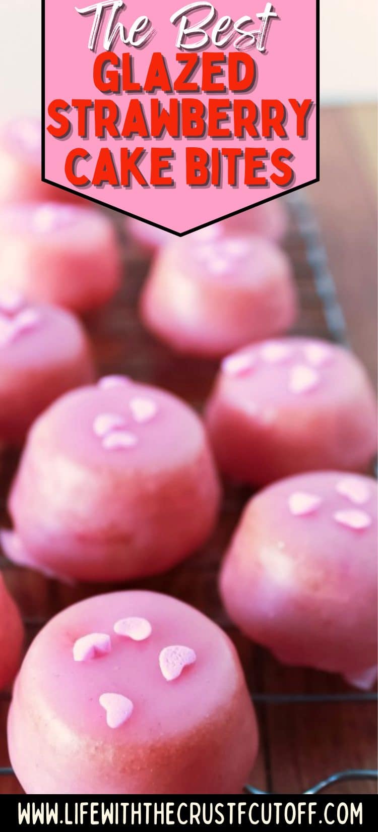 Glazed strawberry cake bites topped with sweet pink glaze and sprinkles, perfect for Valentine’s Day desserts and parties