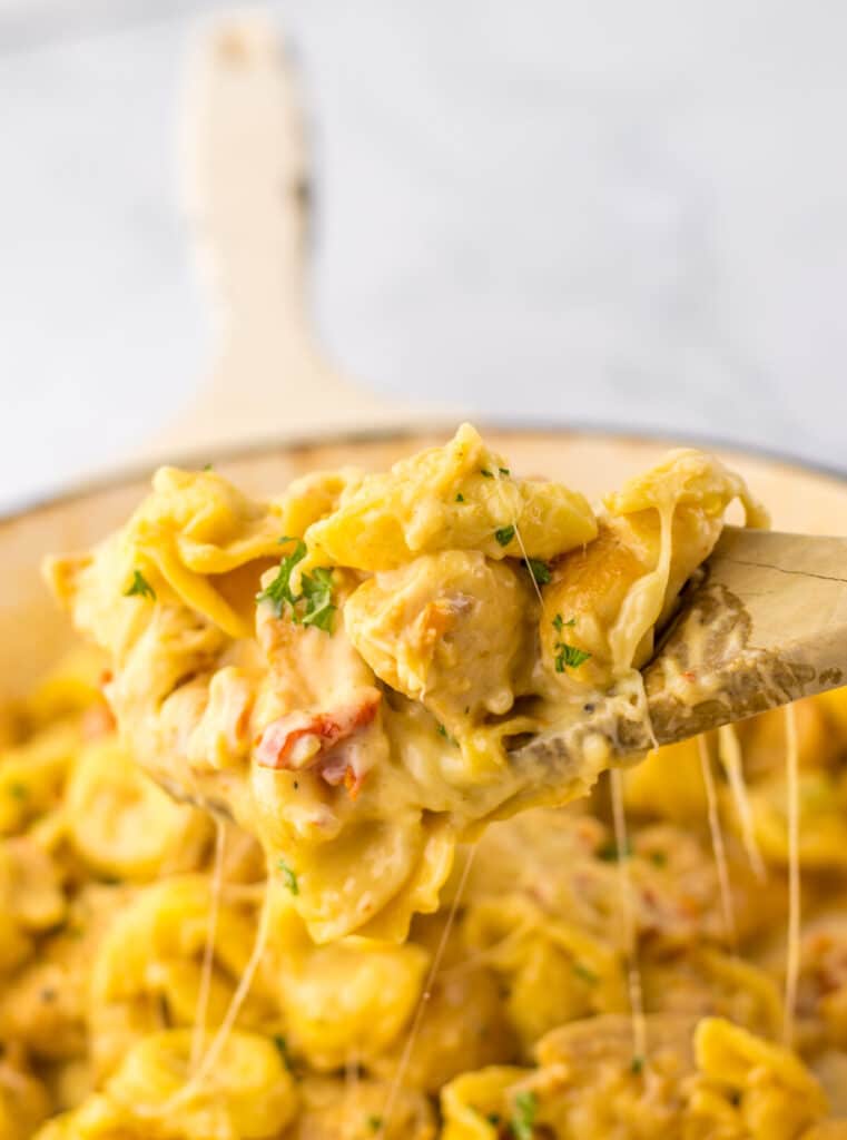 Close-up of cheesy marry me chicken tortellini with tender chicken