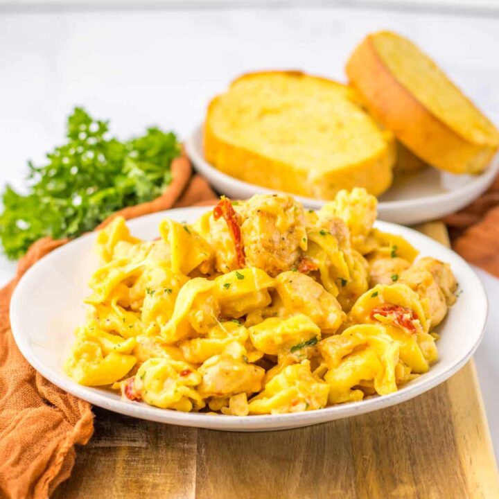 Creamy marry me chicken tortellini served in a bowl