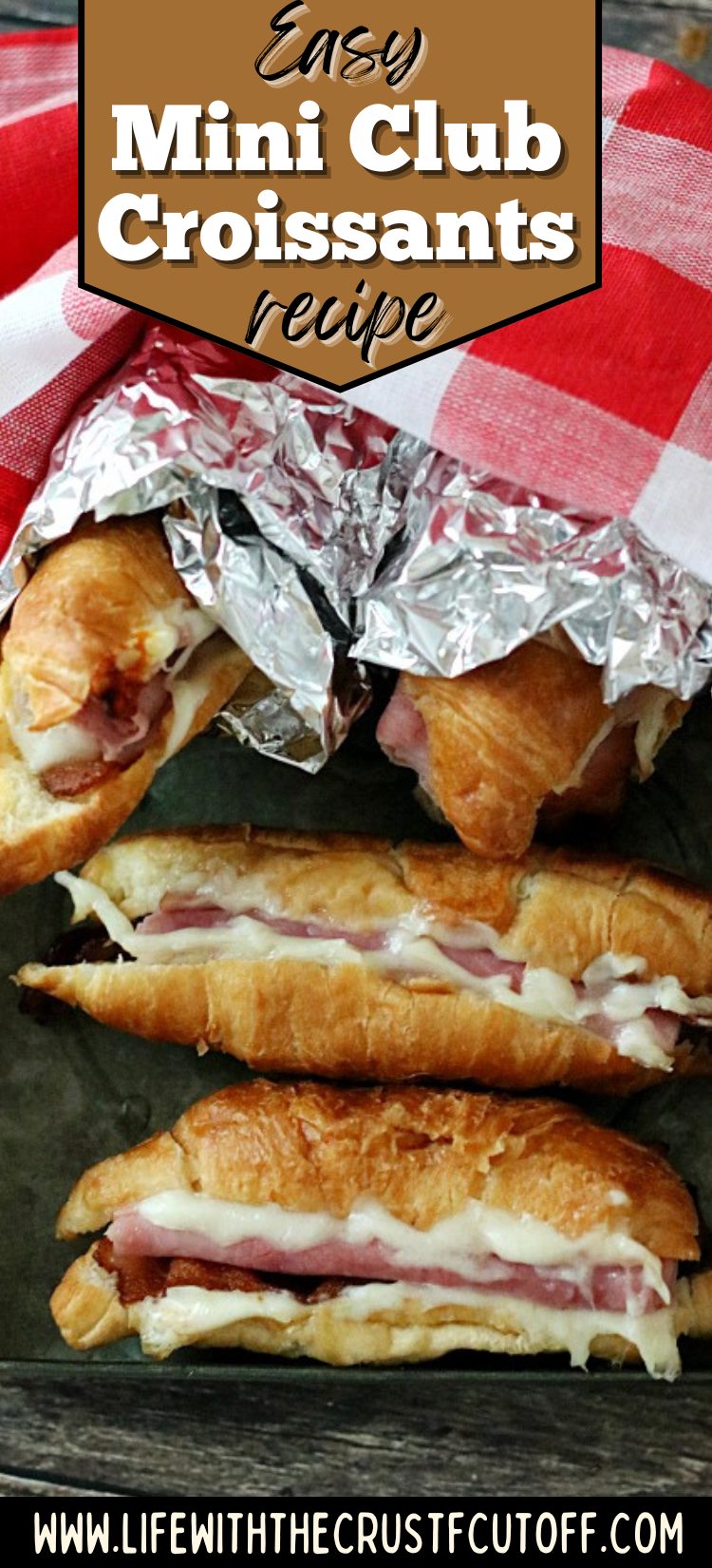 Mini club croissant sandwiches filled with ham, turkey, bacon, and melted cheese