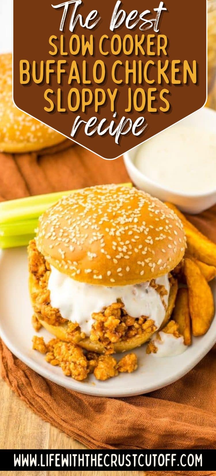 Slow cooker buffalo chicken sloppy joes piled high on soft sandwich buns with ranch or blue cheese drizzle