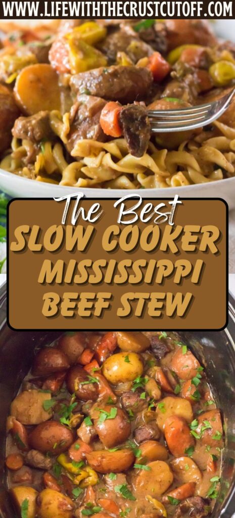 Slow cooker Mississippi Beef Stew served in a bowl with rustic bread on the side