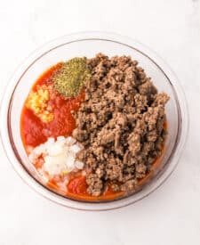 Ground beef and sauce mixture used for ravioli lasagna in the slow cooker
