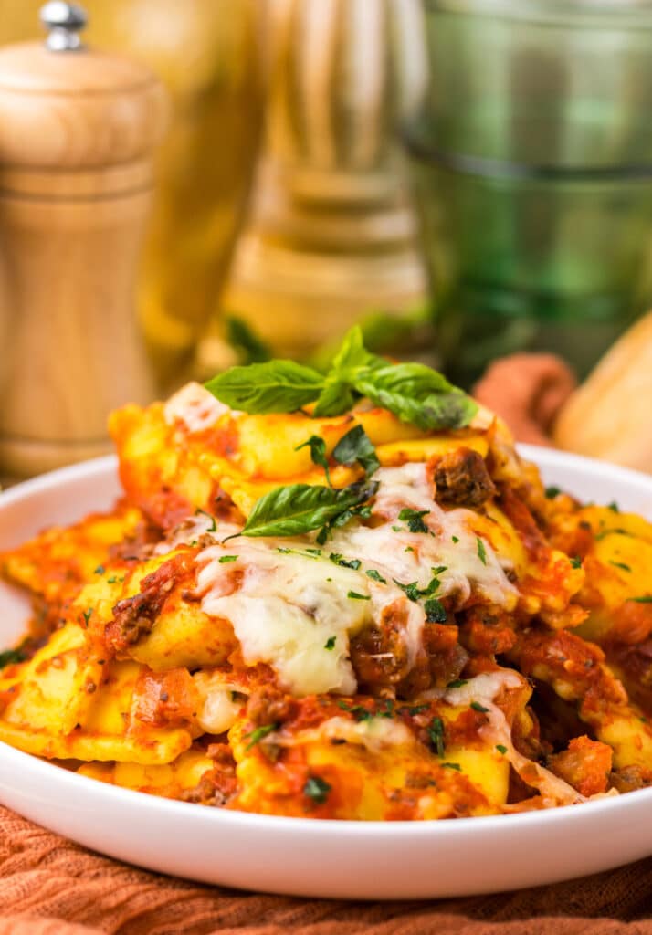 Hearty slow cooker ravioli lasagna with creamy cheese and savory sauce