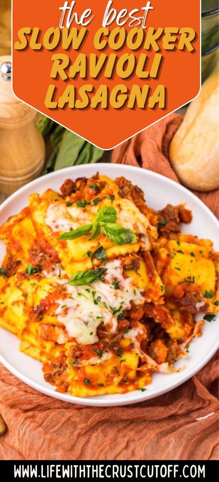 Hearty slow cooker ravioli lasagna with melted cheese and rich marinara sauce.