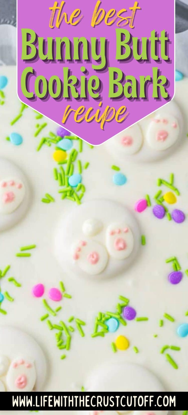 Bunny Butt Cookie Bark with pastel candy and chocolate pieces on a tray