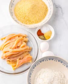 Ingredients for copycat Burger King chicken fries including chicken, breading, and seasonings.