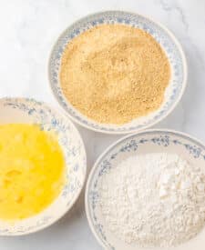 Breading station set up for making copycat Burger King chicken sandwiches.