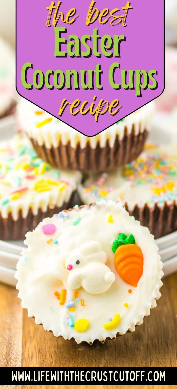 Easter coconut cups topped with chocolate and pastel candy