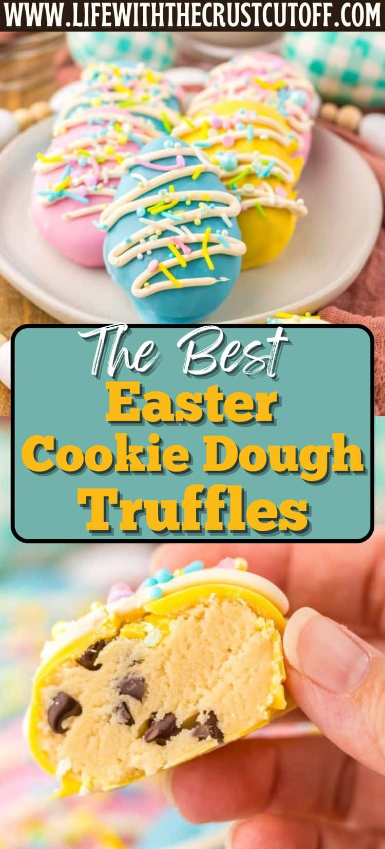 Easter cookie dough truffles coated in chocolate and decorated with pastel sprinkles