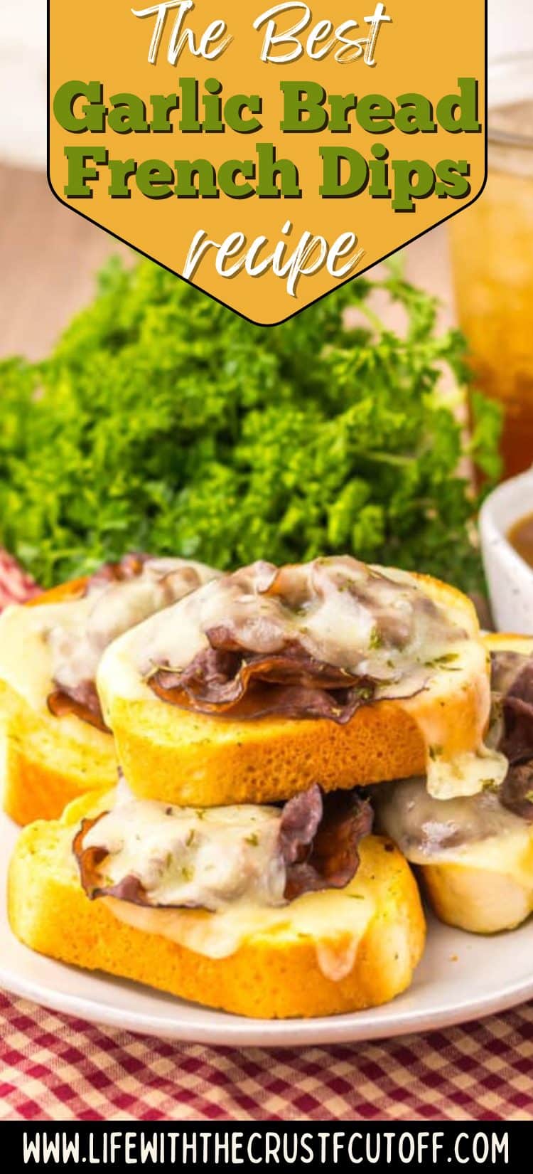 Garlic bread French dips with roast beef and melted provolone served with au jus for dipping