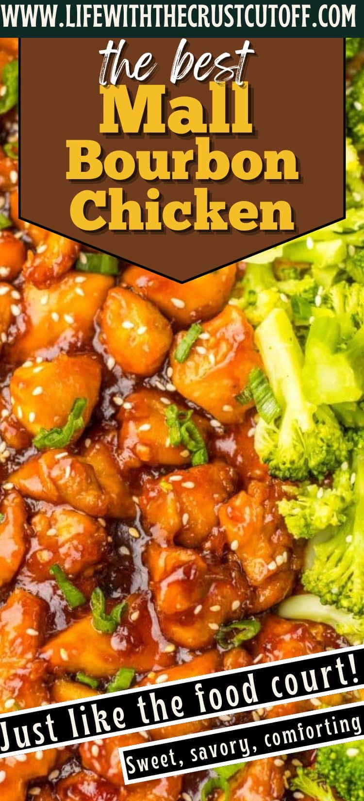 Mall bourbon chicken served over rice with glossy sweet savory sauce