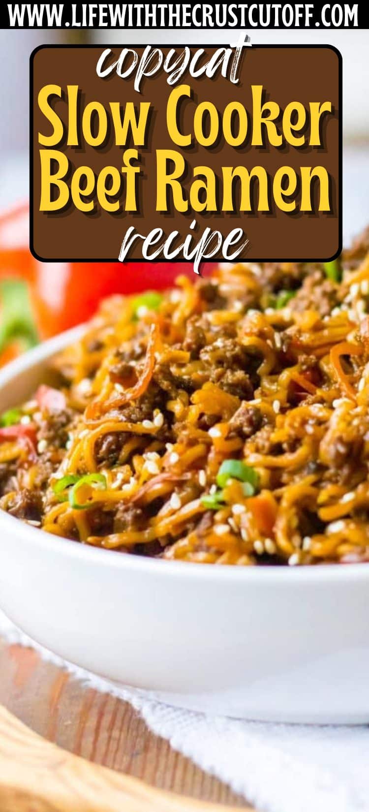 Slow cooker beef ramen with tender beef, noodles, and savory broth in a bowl