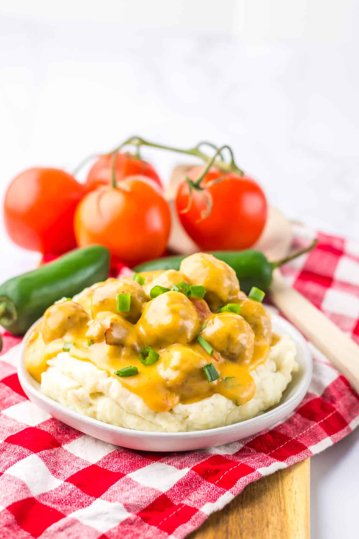 Cheesy nacho meatballs plated and ready to serve.