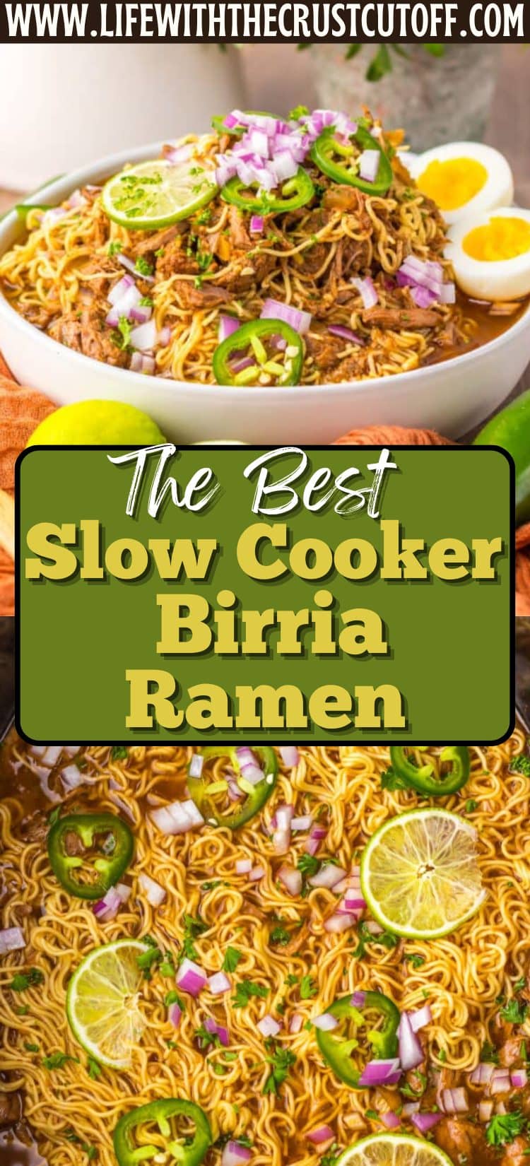 Slow cooker birria ramen with tender birria beef, ramen noodles, and fresh toppings in a bowl