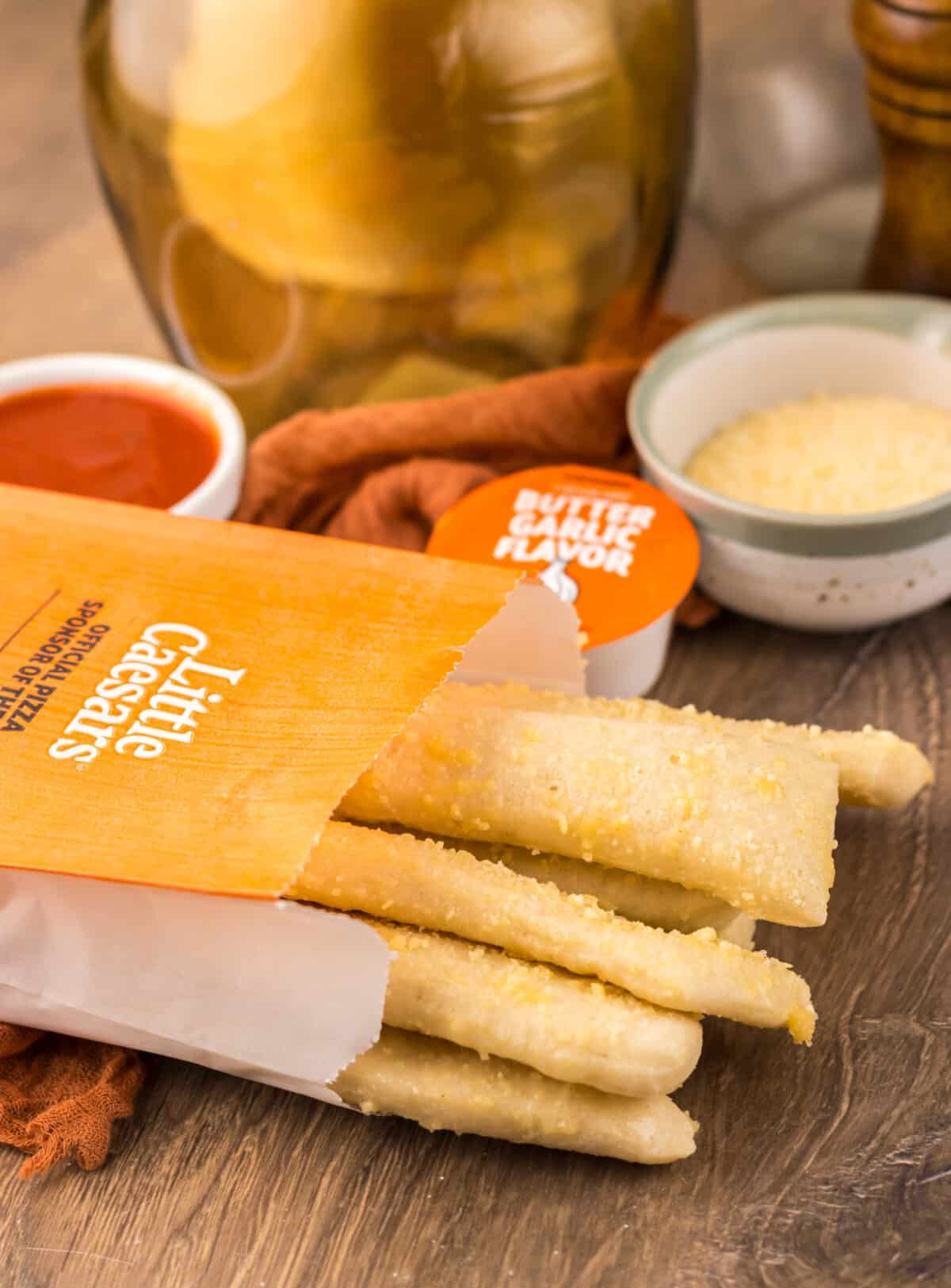 Close-up of copycat Little Caesar’s Crazy Bread in branded-style packaging.